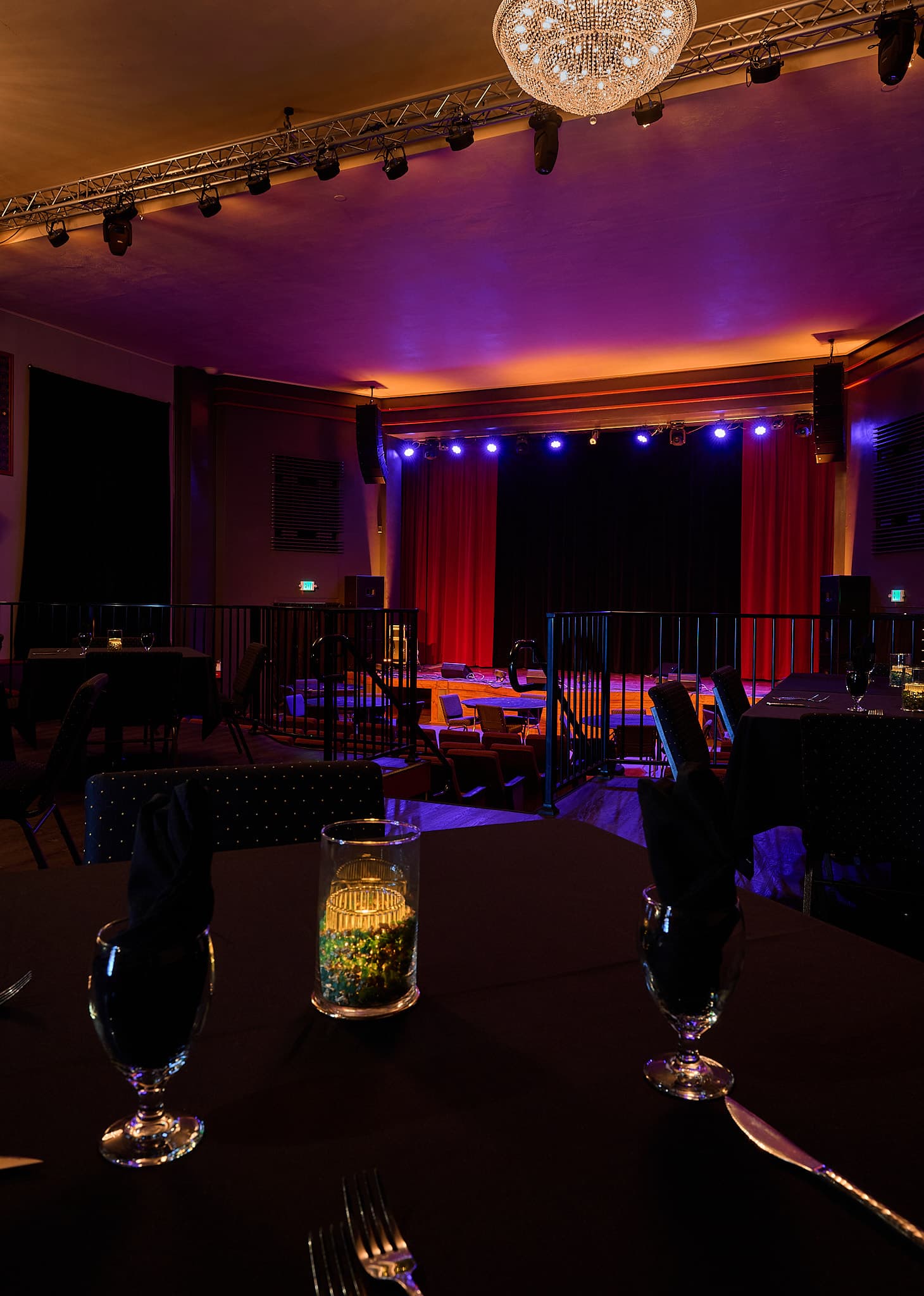 Historic Chehalis Theater interior with chandelier and stage